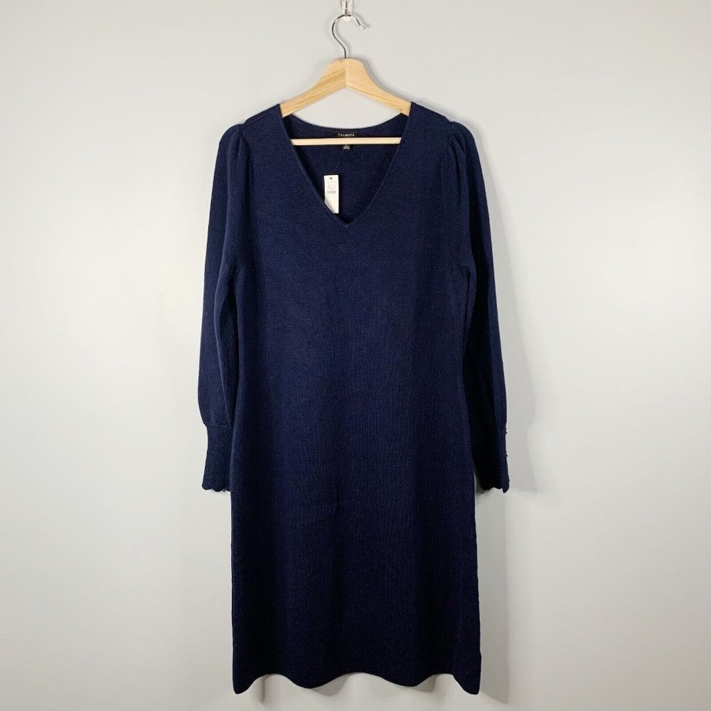 Talbots Women's 100% Merino Wool Knit V Neck Sweater Dress NWT Blue Shift Large